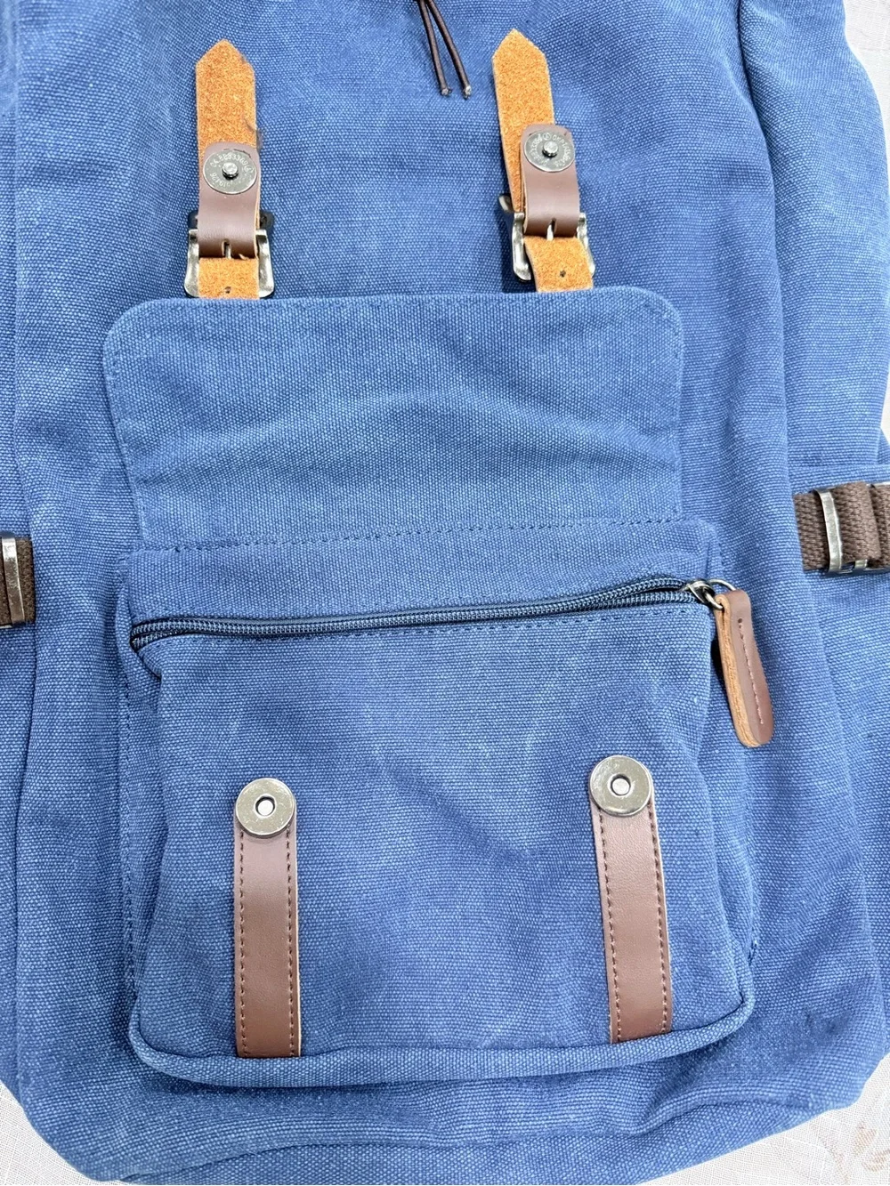 Blue Canvas Laptop Backpack Roll Top Leather Strap Travel School Hiking Bag